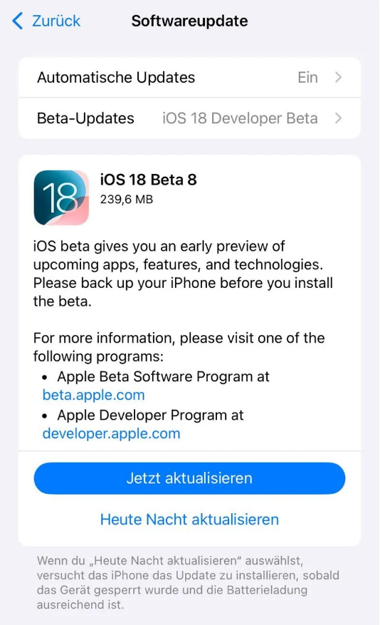 民勤苹果手机维修分享苹果 iOS / iPadOS 18 开发者预览版 Beta 8 发布 